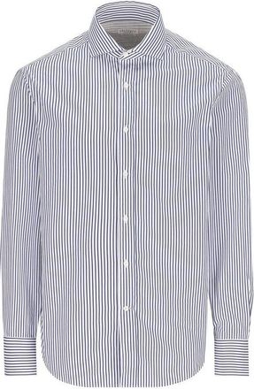 Brunello Cucinelli MenS White Blue Striped Button-Up Shirt, Size XXL