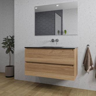 Saniclass Chaci Badkamermeubelset - 100x46x55cm - keramische wastafel zwart - 1 wasbak - zonder kraangaten - 2 lades - rechthoekige spiegel - eiken