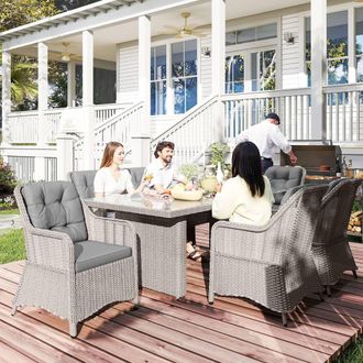 OUTSUNNY 7 PCS Patio PE Rattan Wicker Dining Table Set Furniture w/ Tempered Glass in Grey | Size: 7 Pack