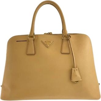 Prada Pre-owned Saffiano Leren Driehoek Logo Tote - Dames - Vintage Handtas - Beige - ONE Size - Leer - Vintage