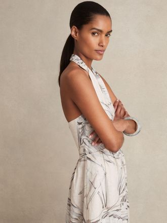 Reiss Carla Neutral Linen Palm Print Halterneck Midi Dress, 16, Cream & grey