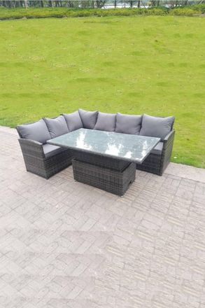 Fimous High Back Corner Rattan Sofa Dining Rising Table Height Adjustable 6 Seater in Dark Grey