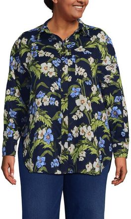 Lands End Linen Oversized Button Front Shirt in Deep Sea/blue Floral Tropic at Nordstrom, Size 3X
