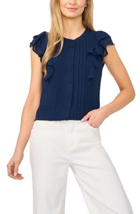 CeCe by Cynthia Steffe Ruffle Sleeve Pintuck Top in Classic Navy at Nordstrom, Size X-Large