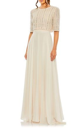 Mac Duggal Fully Beaded 3/4 Sleeves Top Chiffon Gown in Champagne at Nordstrom, Size 12
