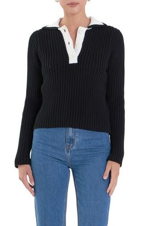 English Factory Colorblock Long Sleeve Cotton Rib Polo in Black at Nordstrom, Size X-Small