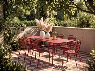 Vente-Unique Sala da pranzo da giardino un tavolo L.160 cm e 6 poltrone impilabili in Metallo Rosso - MIRMANDE di MYLIA