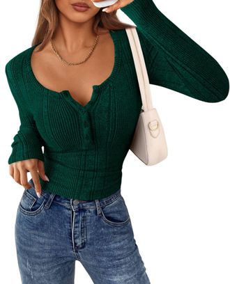 PrettyGarden Womens Long Sleeve Tops 2025 Fall Fashion Clothes Henley Shirts Slim Fitted Ribbed Tees Blouses Casual Outfits, Dark Green, S