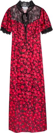 Never Fully Dressed Lyla Cherry-print Lace and Satin Midi Dress - Black Red - 16 (UK16 / XL)
