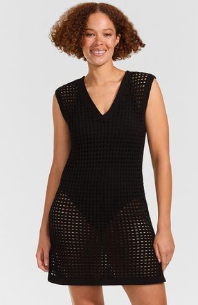 Lands End Cotton Open Knit V-Neck Swim Cover-up Dress in Black at Nordstrom, Size X-Large P