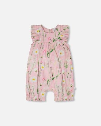 Deux par Deux Viscose Printed Flowers Sleeveless Romper in Pink Printed Flowers at Nordstrom, Size 6M