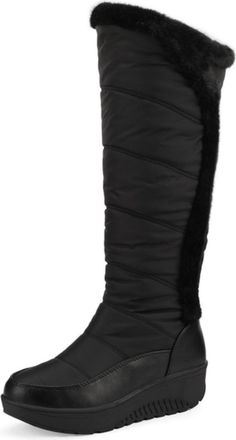 Generic Womens Black Quilted Knee-High Snow Boots Faux Fur Trim Comfortable Wedge Heel Non-Slip Wear-Resistant Sole For Winter Daily Outdoor Casual,Black,2.5 