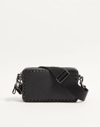 Valentino Garavani Borsa A Tracolla Rockstud In Vitello Granato Uomo NERO UNI