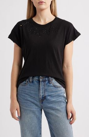 Wit & Wisdom Embroidered Eyelet Cap Sleeve T-Shirt in Black at Nordstrom, Size X-Small