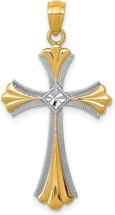 Diamond2Deal 14k Yellow Gold Diamond-Cut Rhodium Budded Cross Pendant