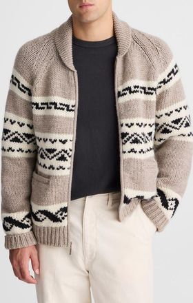 Madewell Fair Isle Zip Up Wool Cardigan in Stone at Nordstrom, Size Small