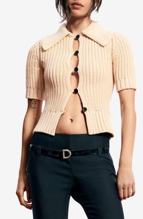 Desigual Short Sleeve Cotton Blend Cardigan in Beige at Nordstrom, Size Medium