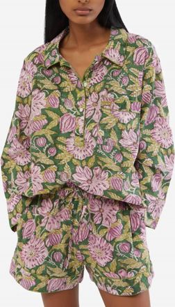 Folkloore Lightweight Cotton Floral Short Pajama Set In Purple / Green