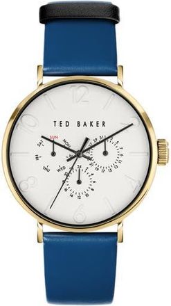 Ted Baker Phylipa Gents Leather Strap Watch, 41mm in Gold/White/Blue at Nordstrom Rack