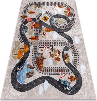 RugsX Rugsx - Alfombra Lavable Junior 51986.803 V&iacute;as Del Tren, Locomotora Para Ni&ntilde;os Antideslizante - Gris Multicolour 140x190 Cm