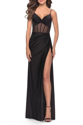 La Femme Illusion Bodice Dress with Boning and Twist Detail in Black at Nordstrom, Size 10