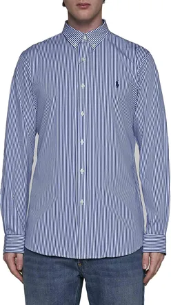 Polo Ralph Lauren Mens Poplin Shirt Light Blue Stripe Cotton - Elastane