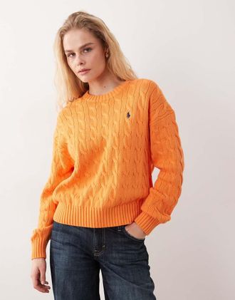 Polo Ralph Lauren Maglione lavorato a trecce in cotone color arancione tenue