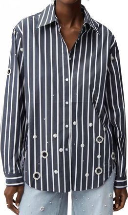 Joseph Ribkoff Stripe Embellished Button-Down Boxy Shirt In Midnight Blue/vanilla