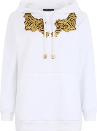 Roberto Cavalli Sweatshirt Hoodie met Tijgerborduurwerk - Dames - Hoodies - Wit - XS - Katoen - Hoodies & sweatvesten