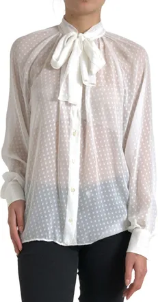 Dolce & Gabbana Womens White Silk Sheer Tied Neck Polka Dots Blouse
