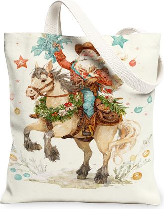 Generic Christmas Santa Canvas Tote Bags, Horse Design Reusable Shopping Bags, Vintage Rustic Lightweight Washable Shoulder Strap C, White, 13x15 Inch