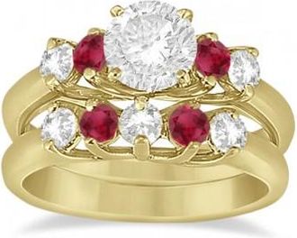 Allurez Five Stone Diamond and Ruby Bridal Ring Set 18k Yellow Gold (1.10ct)
