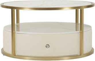 Dmora Dmora - Mesa De Caf&eacute; Stabia, Mesa De Centro Baja, Revistero Para Sof&aacute;, Estante De La Sala De Estar, 75x75 H40 Cm, Blanco Y Oro