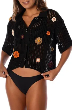 Maaji Canva Open Stitch Cover-Up Button-Up Shirt in Black at Nordstrom, Size Medium