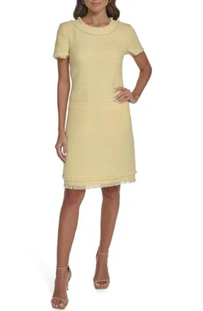 Eliza J Fringe Detail Tweed A-Line Dress in Butter at Nordstrom, Size 12