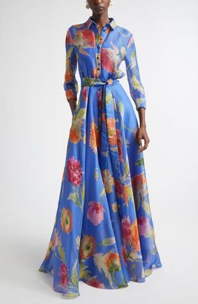 Carolina Herrera Poppy Print Belted Silk Organza Gown in Bluebell Multi at Nordstrom, Size 14