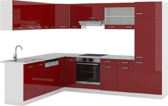 Vicco Cucina angolare completa R-Line, Bordeaux lucido/bianco, 227 x 287 cm senza piano di lavoro