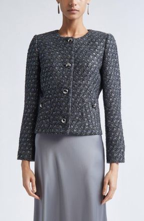 St. John Metallic Wool Blend Knit Jacket in Pewter Lurex Multi at Nordstrom, Size 14