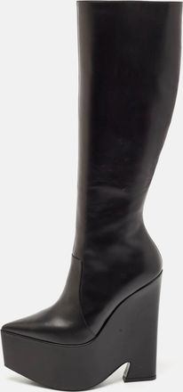 Versace Black Leather Platform Knee Length Boots