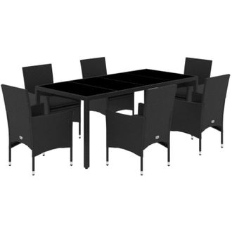 vidaXL Set Comedor Jard&iacute;n 7 Pzas Cojines Rat&aacute;n Sint&eacute;tico Vidrio Negro Vidaxl