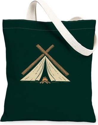 Generic Camping Tent Canvas Tote Bags, Rustic Outdoor Adventure Reusable Grocery Bags, Lightweight Washable Shoulder Strap Canvas F, Dark Green, 13x15 Inch