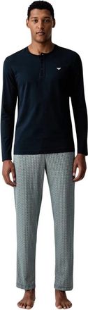 Emporio Armani Katoenen pyjamaset met Henley-top en geometrische broek - Heren - Pyjama - Blauw - S - Katoen - Nachtkleding