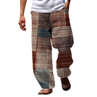 Generic Mens Cotton Linen Trousers - Hippy Patchwork Colorful Color Block Holiday Casual Pants Elastic Waist Beach Yoga Pants with Drawstring Jogging Bottoms 