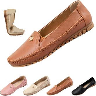 Generic Orthopedic Leather Shoes, Lightweight, Anti-Slip, Breathable for Women Fashion Slip On Stitched Flat-Soled Casual Soft Leather Loafers with Flower (Br