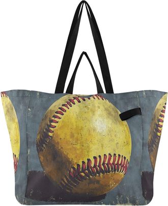 Generic Yellow Softball pattern Reusable Canvas Tote Bag, Heavy Duty Grocery Shopping Bag with Double Handles Large Capacity Hard Bottom Work Groceries Travel