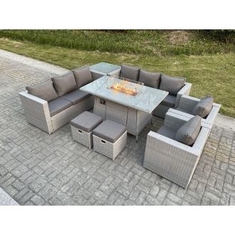 Fimous Fimous Light Grey Rattan Fire Pit Garden Furniture Set Gas Heater Burner Lounge Sofa Dining Set Coffee Table Chairs Stool