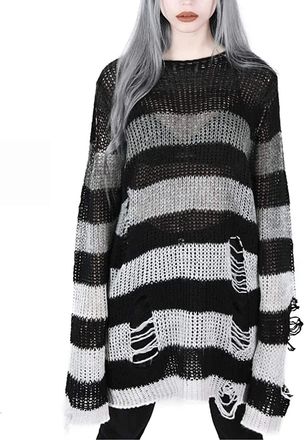 Generic Gothic Knitted Jumper Oversized Pullover Womens Loose Fitting Knit Sweatshirt Long Sleeve Wide Stripes Printing Ripped Crewneck Sweatshirts Y2K Sweate