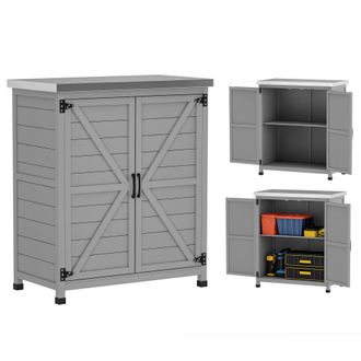 OUTSUNNY Armario De Exterior De Madera, Caseta De Jard&iacute;n Exterior Con Techo De Acero Galvanizado, Estante, 2 Puertas Para Almacenamiento Herramientas