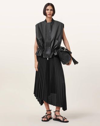 AllSaints Sheep Leather Sofi Relaxed Fit Leather Gilet, Size: UK 14/US 10