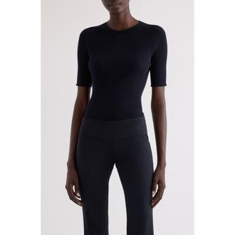 Courr&egrave;ges Solar Light Short Sleeve Cotton & Merino Wool Rib Sweater in Navy at Nordstrom, Size Large